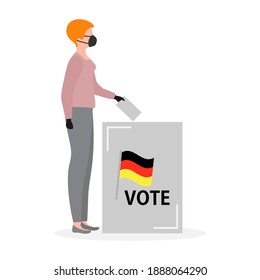 Voting Vector illustration Election day People in medical mask throw ballot into ballot box. People give their vote for candidate. Germany Political campaigning Supporters of Party Election campaign