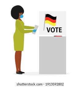 Voting Vector illustration Election day People in protective medical mask vote in voting booth People give their vote for candidate. Germany Political campaigning Supporters of Party Election campaign