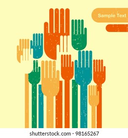 Voting. Vector illustration with hands up in retro style.