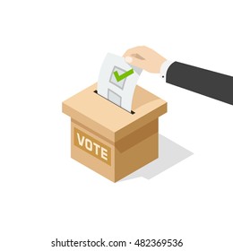Voting vector illustration isolated on white background, man hand holding political ballot putting in vote box, concept of election choice or vote, poll