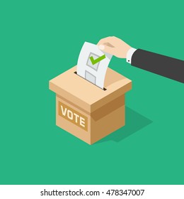 Voting vector illustration, man hand holding political ballot putting in ballot box, concept of election choice or vote, poll
