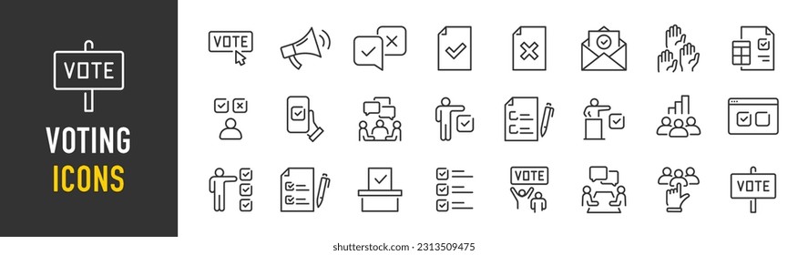 Voting web icons in line style. Vote box, candidates, form, approved, checklist, online, rating, collection. Vector illustration.