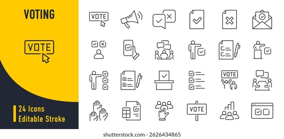Votación de iconos web en estilo de línea. Casilla de votación, candidatos, formulario, aprobado, lista de verificación, en línea, calificación, colección. Ilustración vectorial.	