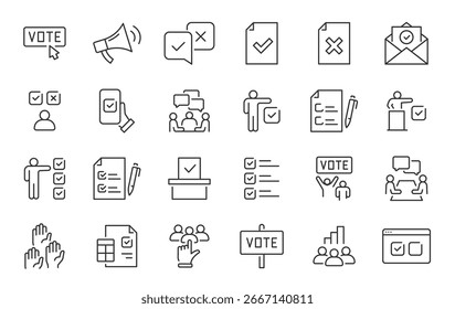 Votación de iconos web en estilo de línea. Casilla de votación, candidatos, formulario, aprobado, lista de verificación, en línea, calificación, colección. Ilustración vectorial.	