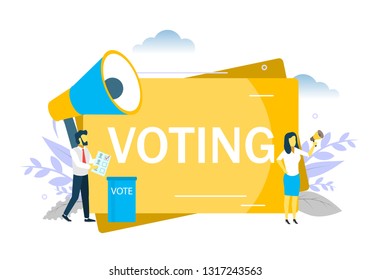 Voting, woman speaking through megaphone. Vector flat illustration for web banner, website page etc. Election campaign, polling day concept.