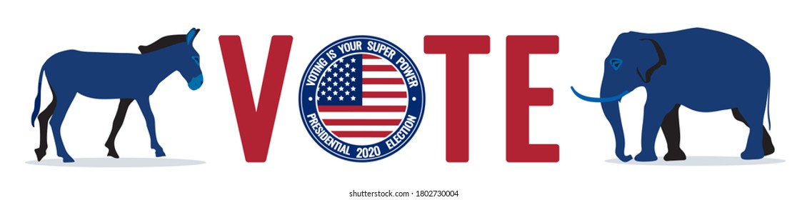 Voting is your super power, quote. Presidential election 2020 in USA round sign, United States of America flag background, donkey, elephant as mascots. Call to vote vector banner isolated on white