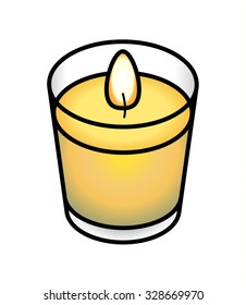 A votive candle in a glass container.