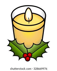 A votive candle in a glass container. With a sprig of holly.