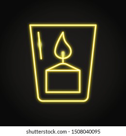 Votive Candle In A Glass Icon In Neon Line Style. Bright Light Source With Burning Flame. Vector Illustration.