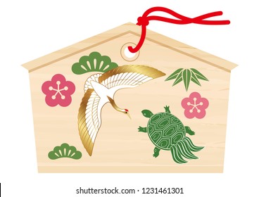 Votive picture tablet with a crane and turtle drawing for Japanese New Year’s visit to a shrine, vector illustration.