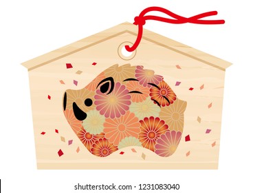 Votive picture tablet with a wild boar drawing for Japanese New Year’s visit to a shrine, vector illustration.