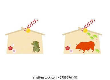 Comprimido votivo: ilustración vectorial de tableta votiva con amabier y ox con espacio para los deseos de escritura
Diseño de estilo japonés
