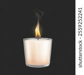 Votive wax or paraffin container candle in vessel or glass with burning wick and smoke. Vector realistic candlelight and illumination from light and flames on transparent background