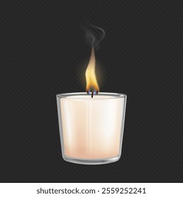 Votive wax or paraffin container candle in vessel or glass with burning wick and smoke. Vector realistic candlelight and illumination from light and flames on transparent background