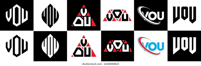 VOU letter logo design in six style. VOU polygon, circle, triangle, hexagon, flat and simple style with black and white color variation letter logo set in one artboard. VOU minimalist and classic logo