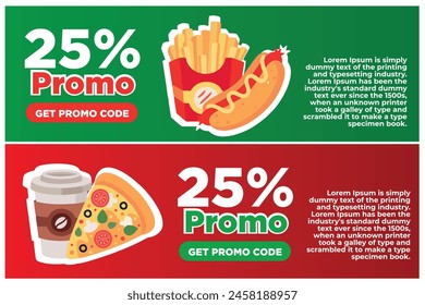voucher, 25 OFF, fast food discount, red and green background, coupon and ticket, guarantee now