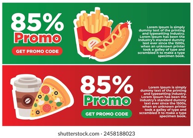 voucher, 85 OFF, fast food discount, red and green background, coupon and ticket, guarantee now