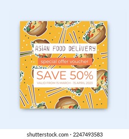 Voucher for an Asian restaurant. Korean or Chinese food. Discount card. Suitable for restaurant banners, and fast food advertisements.