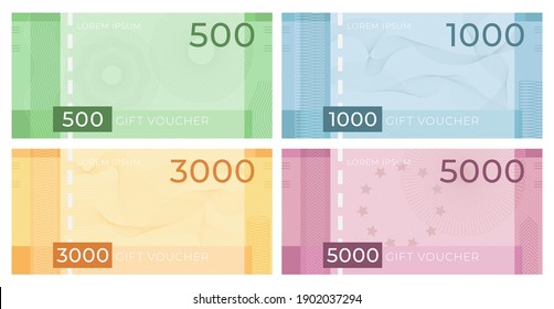 Voucher banknote with guilloche. Discount certificate in money design with watermark patterns. Gift coupon or currency vector set. Illustration certificate guilloche pattern, business coupon gift