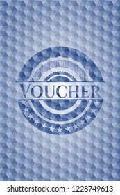 Voucher blue emblem or badge with abstract geometric pattern background.