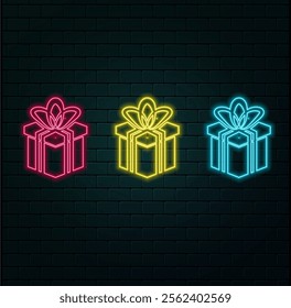 Voucher, box, gift neon icon set.