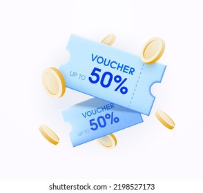 Voucher card cash back template design with coupon code promotion. Premium special price offers sale coupon. Vector gift voucher, gold coin. 3d coupon, 3d voucher, exchange. - Shutterstock ID 2198527173