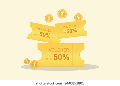 Voucher card cash back template design with coupon code promotion. Premium special price offers sale coupon. Vector gift voucher, gold coin. 3d coupon, 3d voucher