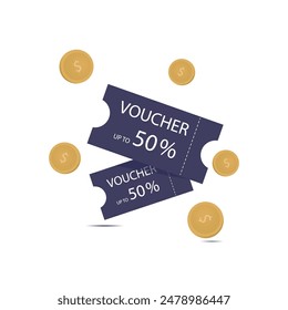 Voucher card cash back template design with coupon code promotion. Premium special price offers sale coupon. Vector gift voucher, gold coin. 3d coupon with white background