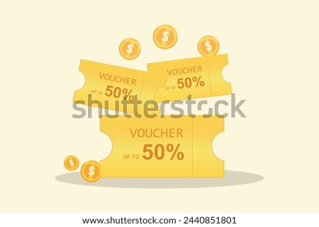 Voucher card cash back template design with coupon code promotion. Premium special price offers sale coupon. Vector gift voucher, gold coin. 3d coupon, 3d voucher