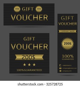 Voucher card, money prize. Black banners with golden text