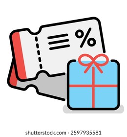 Voucher cartoon vector icon, featuring tickets and gift box