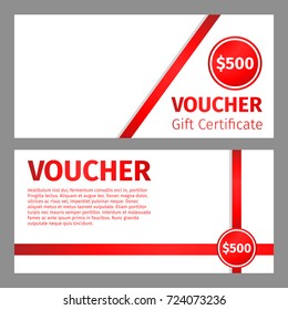 Voucher certificate blank template. Red ribbons and white background, vector illustration