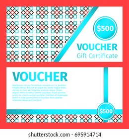 Voucher certificate modern template. Blue ribbons on the geometric patterned background. Vector illustration