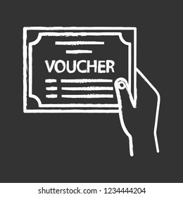 Voucher chalk icon. Accounting and payment document. Financial documentation. Hand holding accounting voucher. Gift certificate. Discount, special offer. Isolated vector chalkboard illustration