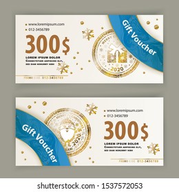 Voucher Christmas template with Santa gold stamp, blue design arc. Value 300 dollars for department stores, business.