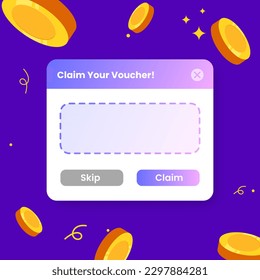 Voucher claim pop up in flat design style. Floating coin vector illustration.