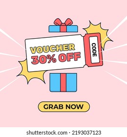 Voucher Code Reward From Open Gift Box Online Shop Social Media Poster Promotion Vector Flat Illustration