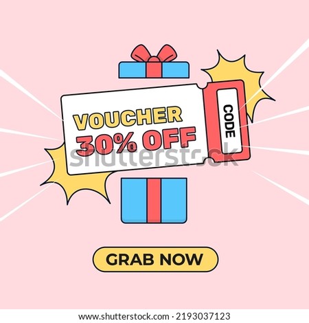 voucher code reward from open gift box online shop social media poster promotion vector flat illustration
