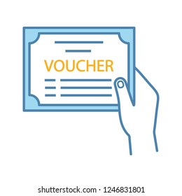 Voucher color icon. Accounting and payment document. Financial documentation. Hand holding accounting voucher. Gift, present certificate. Discount, special offer. Isolated vector illustration
