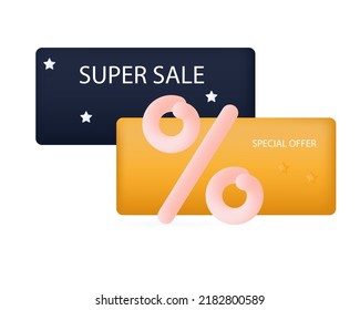 Voucher or coupon 3d. Vector advertising banner. Super discount,
benefit special offer with low interest, promotion. Yellow gift coupon with bonus, big sale. Holiday event, exclusive purchases.