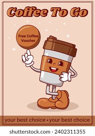 Voucher, coupon, for free coffee. your best choice. Groovy style svg