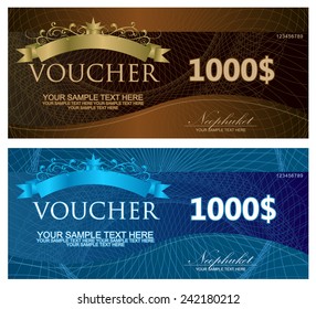 Voucher, Coupon, Gift certificate, ticket template. Guilloche pattern (watermark, spirograph). Background