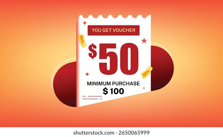 Voucher coupon Pop Player template with bold $50 discount and vibrant red-orange gradient background. for e-commerce campaigns.