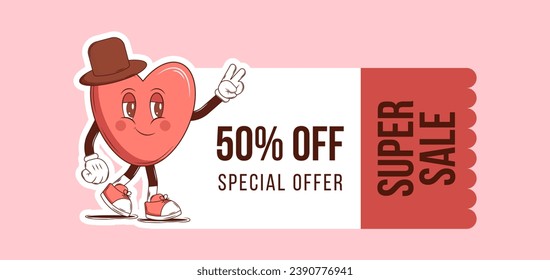 Voucher, cupon design for Retro Happy Valentines Day with Groovy lovely cartoon characters Heart and elements. Love and romance concept for super sale. Trendy retro 60s 70s. Red, pink colors. vector