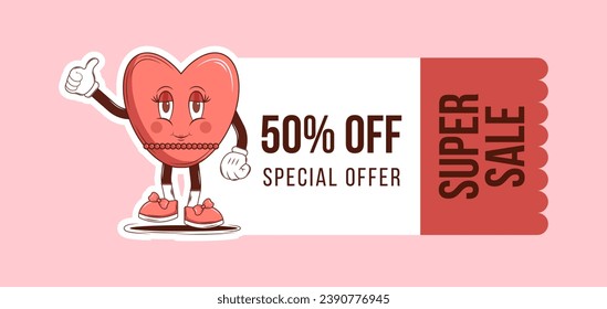Voucher, cupon design for Retro Happy Valentines Day with Groovy lovely cartoon characters Heart and elements. Love romance concept for super sale. Trendy retro 60s 70s style. Red, pink colors. Vector