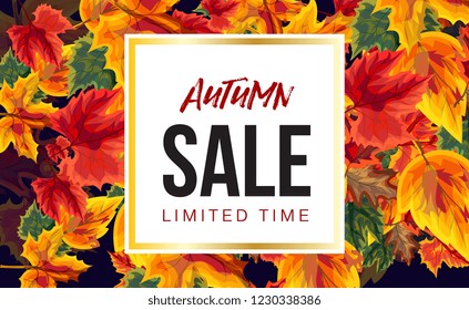 Voucher design with squared tag on background of autumn leaves promoting seasonal sale