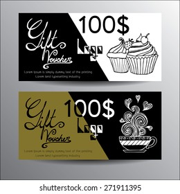 Voucher design template with hand drawn cup cake and a cup of coffee. Vector