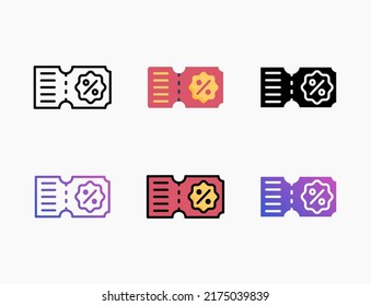 Voucher Discount Card icon set with line, outline, flat, filled, glyph, color, gradient. Editable stroke and pixel perfect. Can be used for digital product, presentation, print design and more.