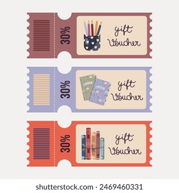 Voucher, discount coupon 30 percent discount on stationery, books, pen, notebook. Back to school. Vector illustration