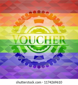 Voucher emblem on mosaic background with the colors of the LGBT flag